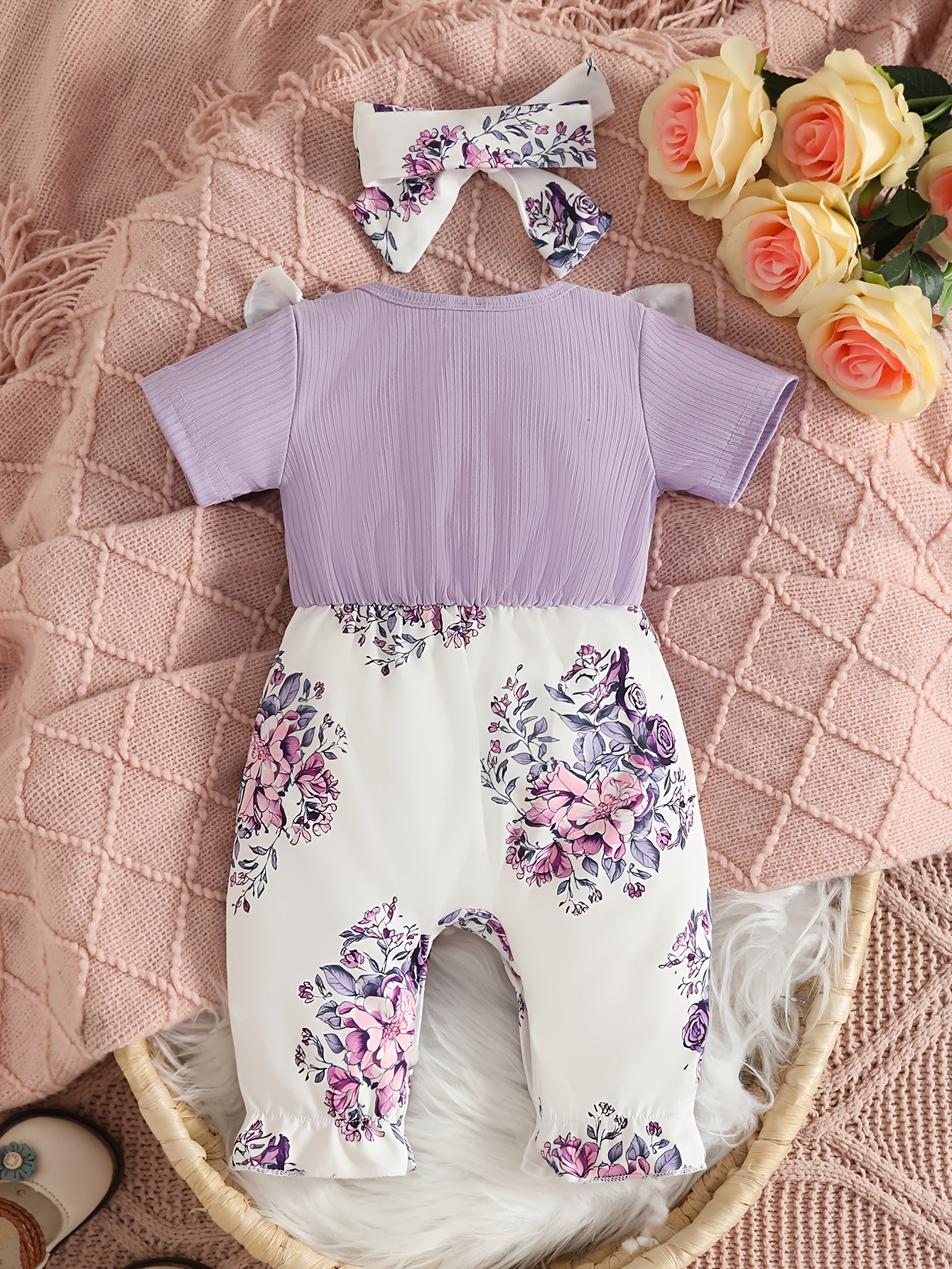 Short-Sleeve Floral Print Jumpsuit + Headscarf Two-Piece Set, for Outdoor