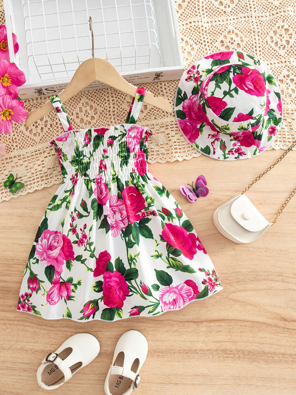 Girl's Purple Large Floral Dress with Accessory Hat, Fashionable Princess Dress with Drawstring Spaghetti Straps and Sleeveless Design