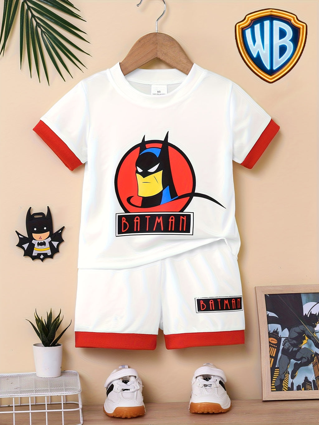 [Warner Bros. Genuine] Baby Boy And Girl Summer Children'S Clothing Trendy Style (New Style)! Children'S Summer Suit Is Coming! White + Red Spliced Short Sleeves Are Printed with Classic Batman Cartoon Characters And Distressed Letters, for Outdoor