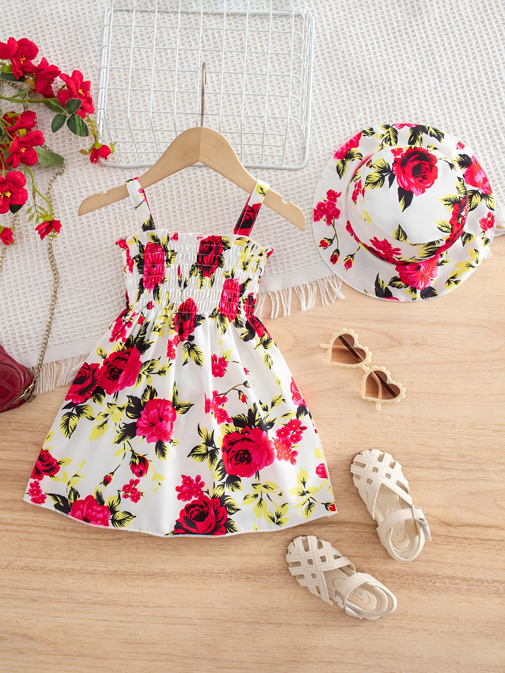 0-3 Years Old Baby Rose Large Flower Print Dress And Cute Hat, Sweet Princess Dress with Halter Neck, Suitable for Outdoor Leisure Vacation