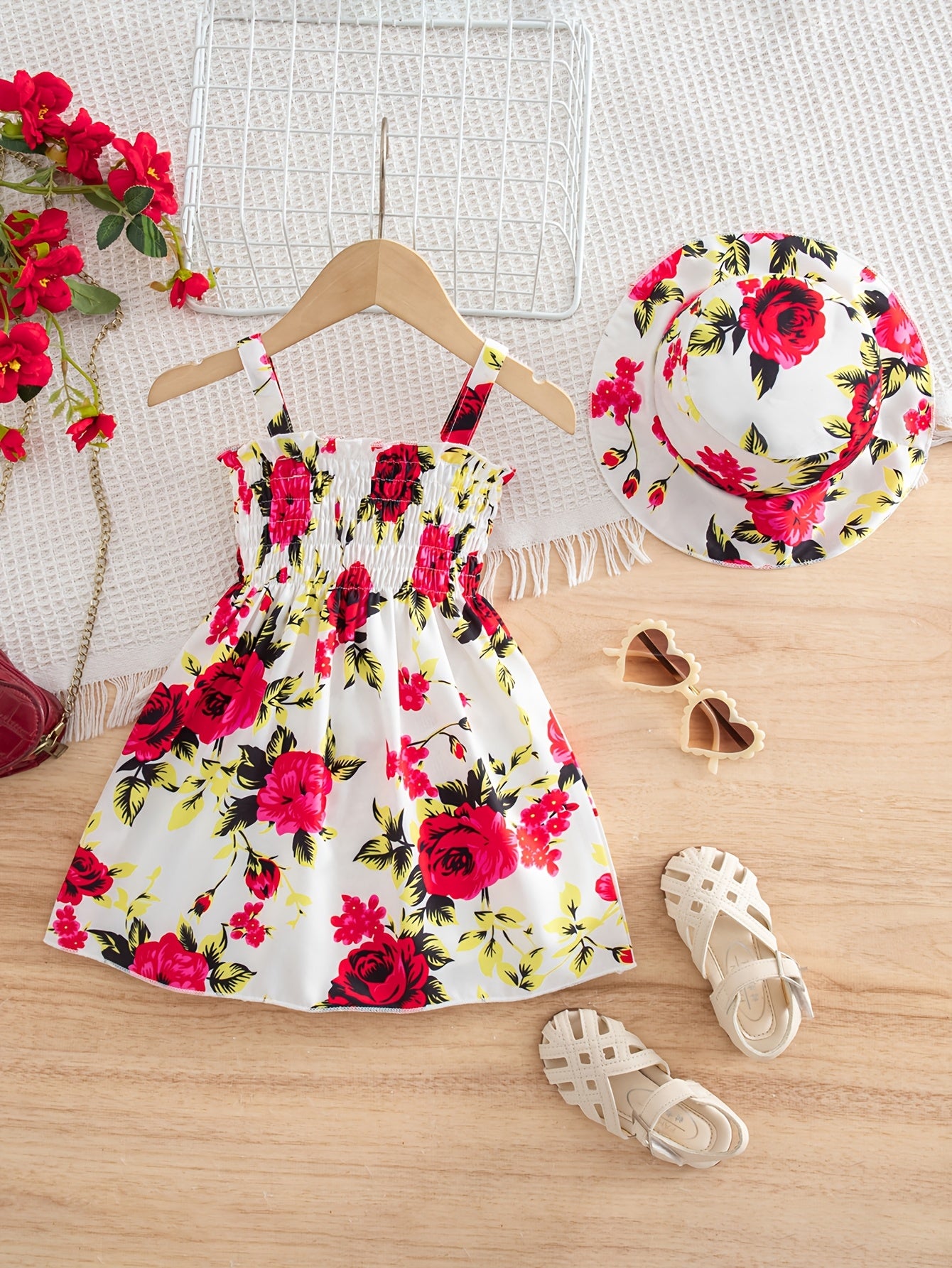 0-3 Years Old Baby Rose Large Flower Print Dress And Cute Hat, Sweet Princess Dress with Halter Neck, Suitable for Outdoor Leisure Vacation