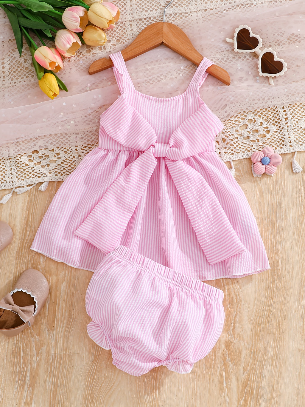 Pink Striped Bow-Knot Baby Tank Top And Shorts Set, for Outdoor