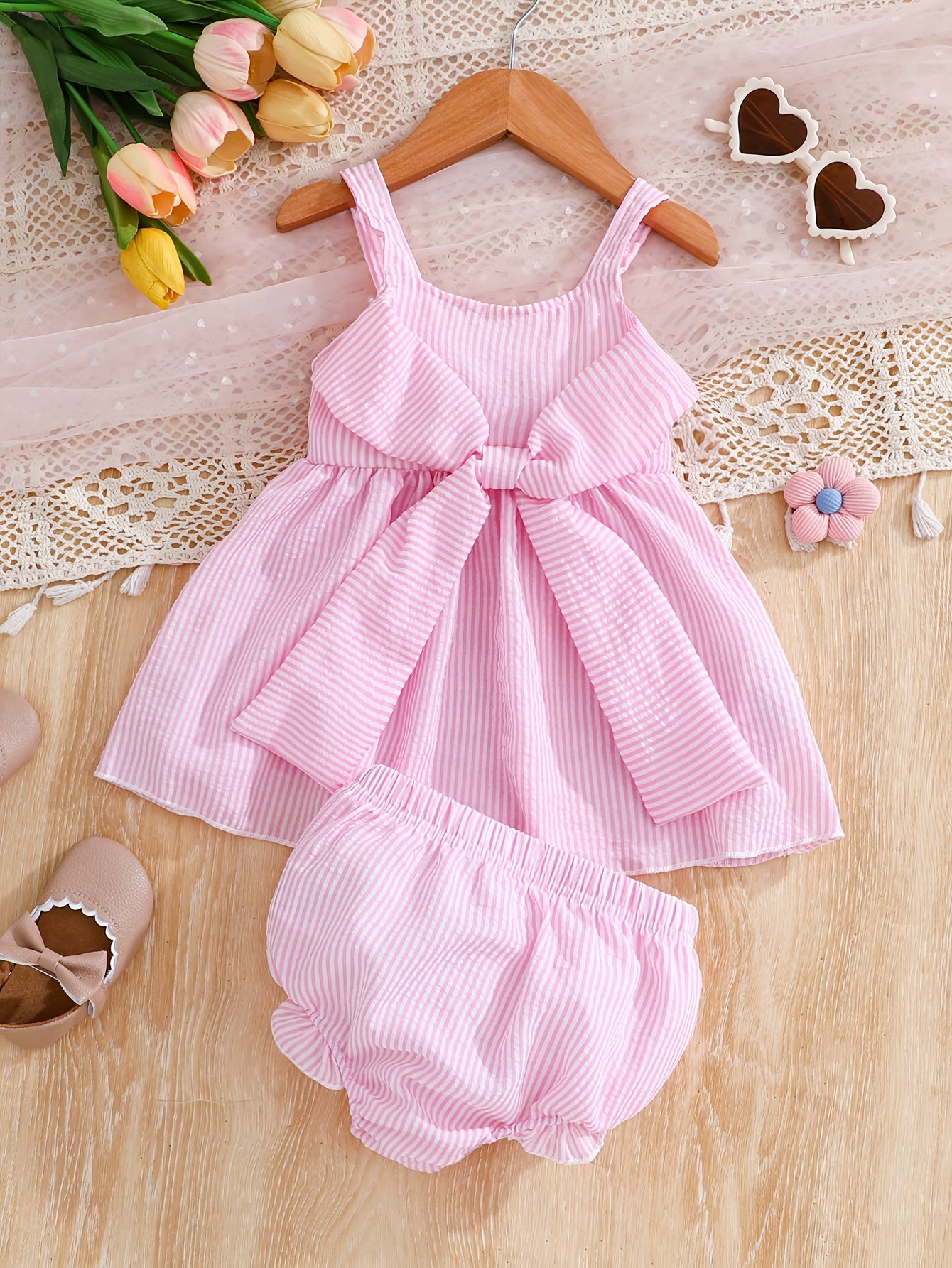 Pink Striped Bow-Knot Baby Tank Top And Shorts Set, for Outdoor