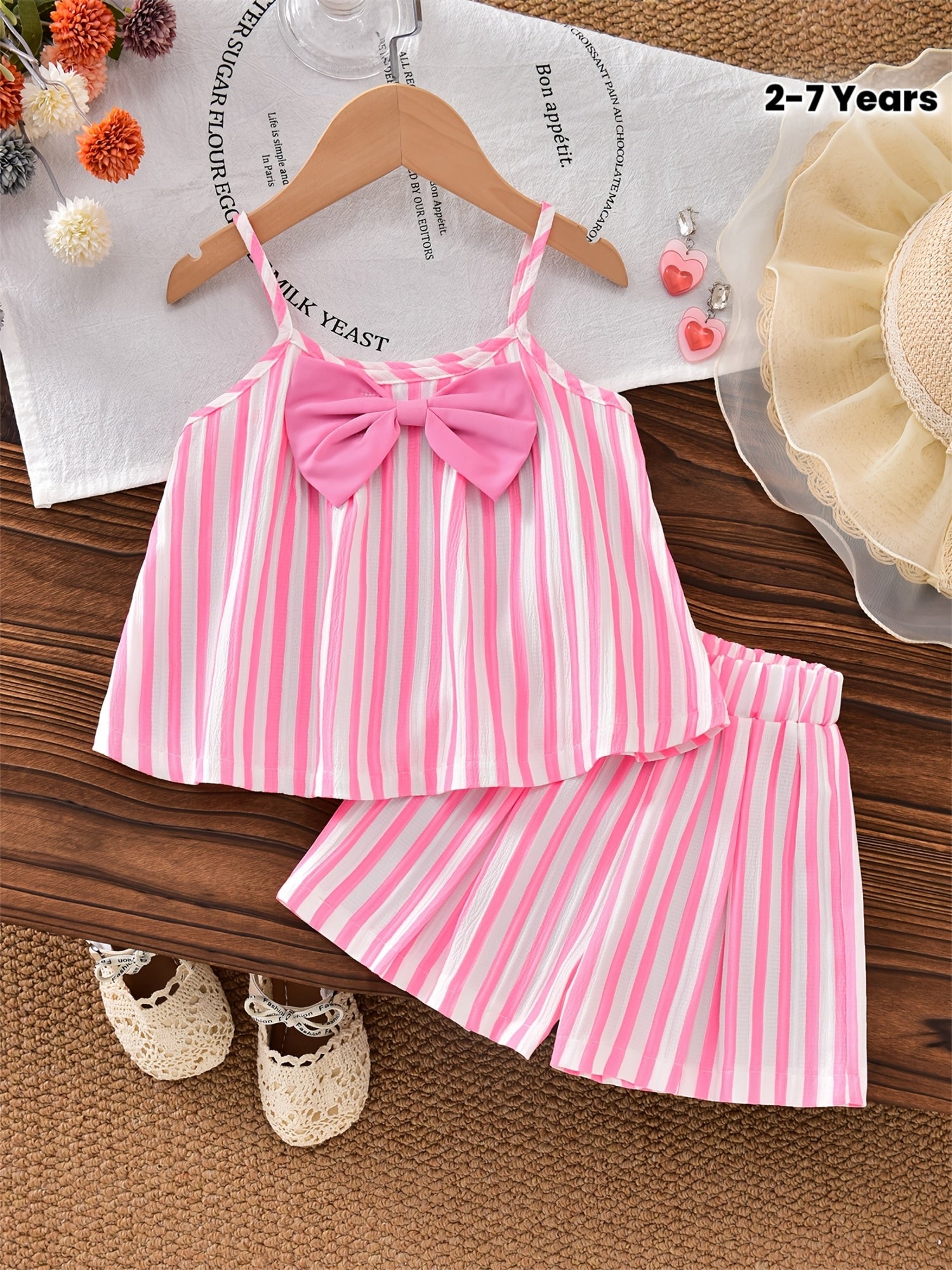 Girls' Casual Spring/Summer Pink and White Striped Bow Strap Top + Pink and White Striped Shorts 2pcs Set, Sweet and Cute Style, Loose and Comfortable Fit, Suitable for Daily Outings, Weekend Fun, and Vacations, Perfect for Outdoor