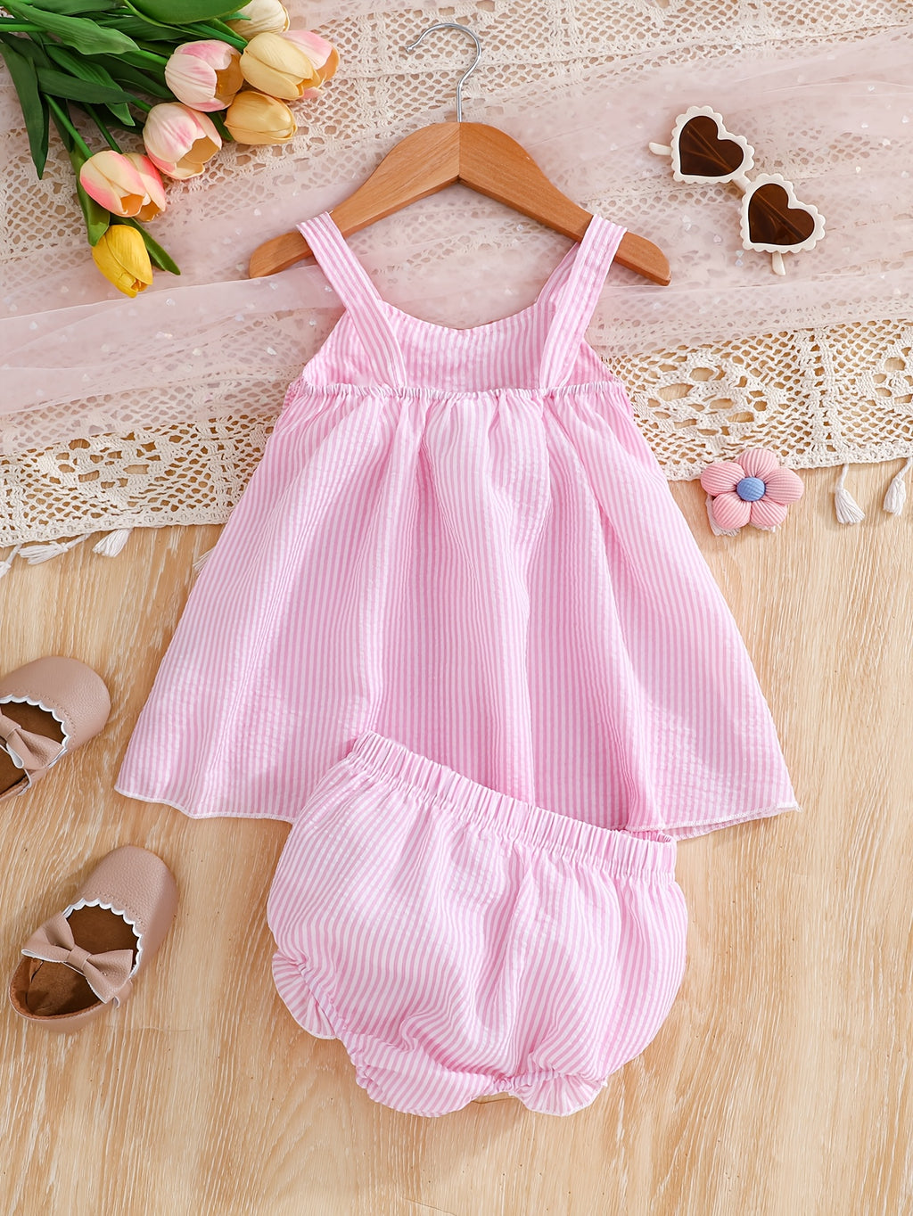 Pink Striped Bow-Knot Baby Tank Top And Shorts Set, for Outdoor
