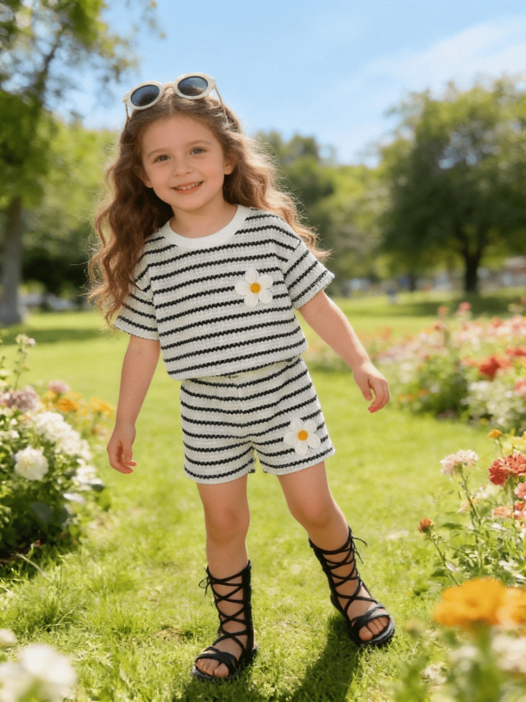2pcs Set 1-6 Year Old Baby Girl Cute Casual Striped Patchwork Short-Sleeved T-Shirt And Elastic Waist Shorts Set, for Outdoor