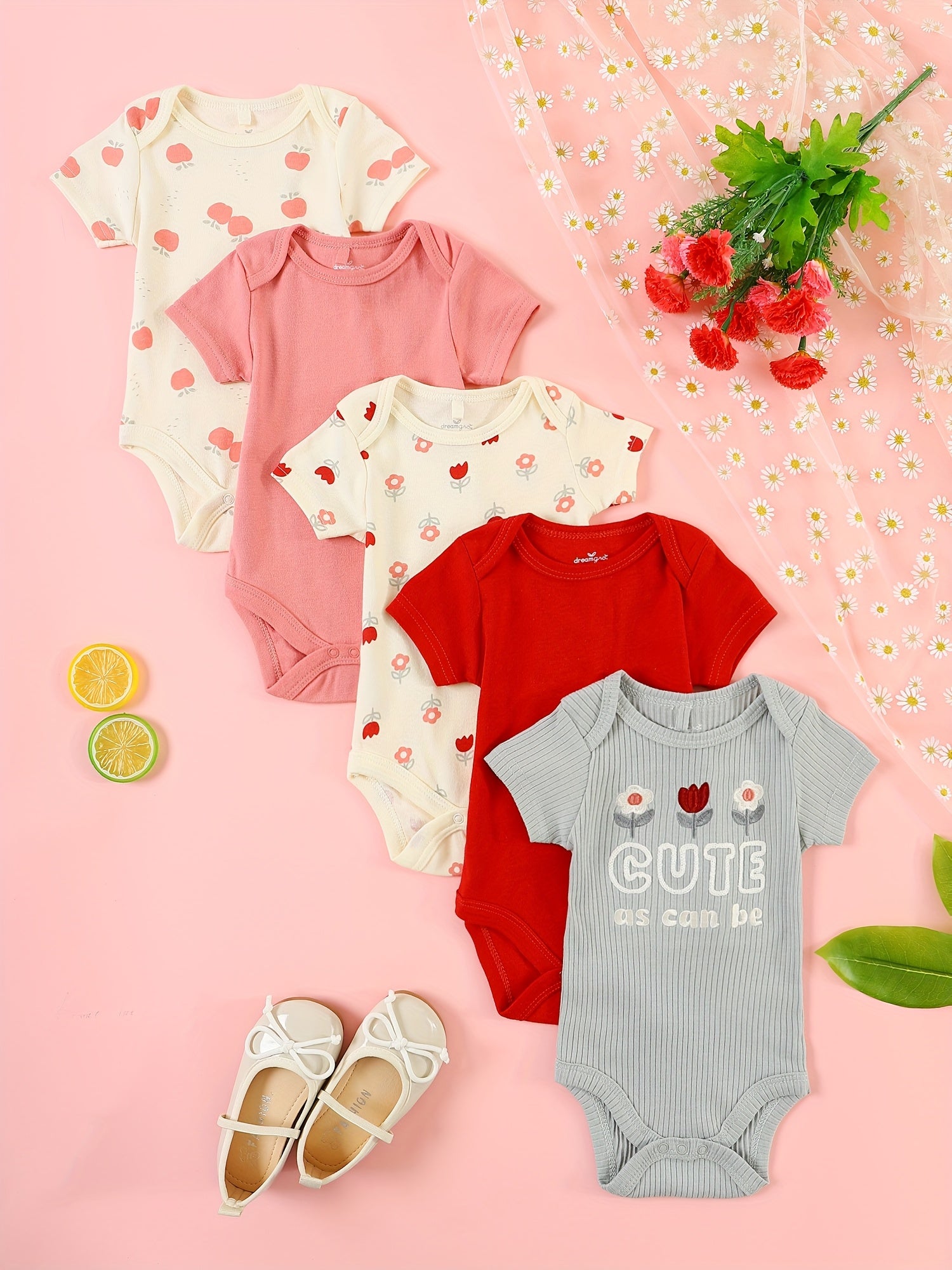 5pcs Summer New Baby Outfit Girls Baby Bodysuit Crawling Suit Triangle Bodysuit Fashion Embroidery Letter Floral Pattern Outdoor Baby Clothes, for Outdoor