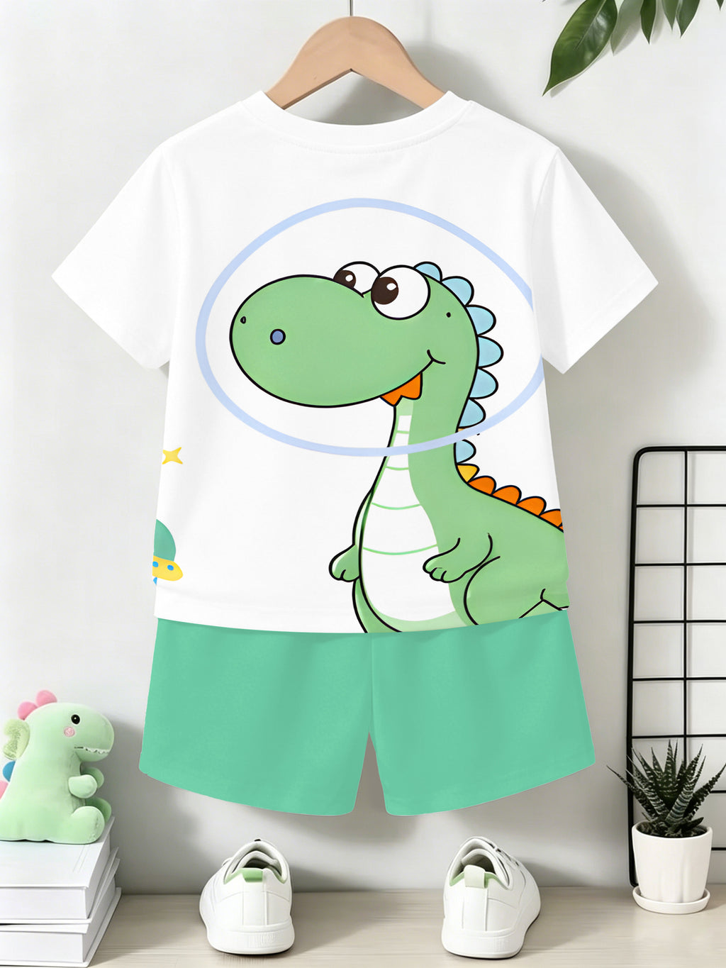 2pcs Set of Cute and Stylish Short-sleeve Tops and Shorts for Boys. Made of Lightweight Polyester Fabric with Fun Pattern Designs. This Soft, Breathable and Comfortable Outfit Set for Baby Boys Is Perfect for School Parties and Outdoor Activities.