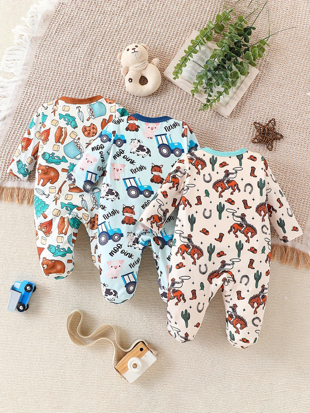 3pcs Set Boys' One-Piece Footed Romper Suit, Western Style, Random Print Sports Design, Long Sleeve Button-Up Onesie with Feet, Perfect for Outdoor