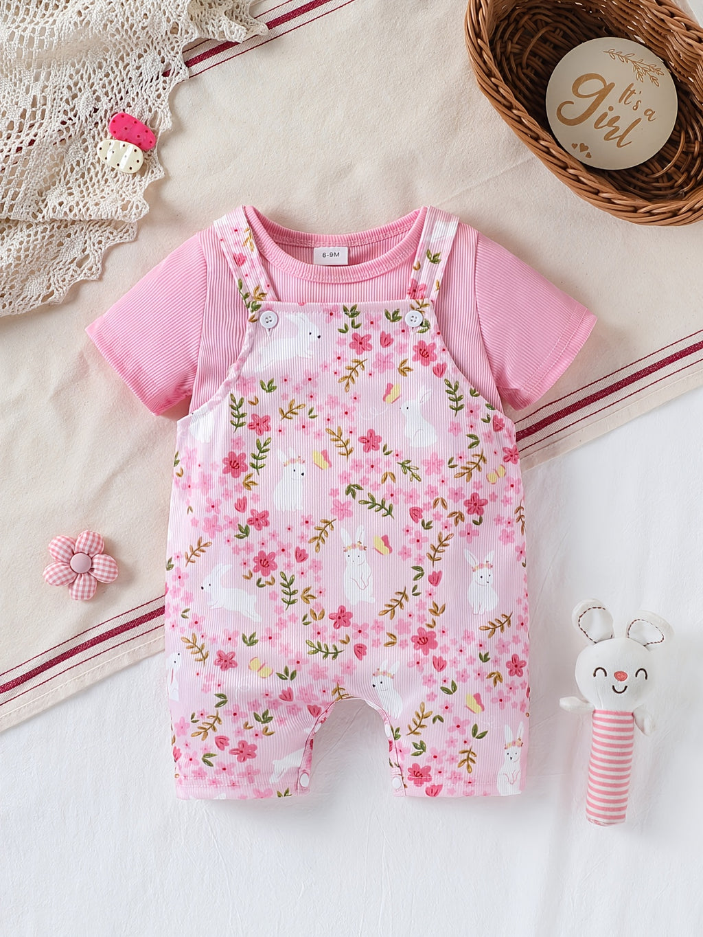 Newborn Baby Girl Spring Summer Cute Striped Fabric Little Rabbit Floral Print Overalls And Pink Striped Fabric Baby T-Shirt 2pcs Set, for Outdoor