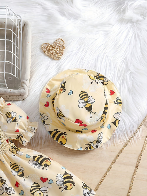 0-3 Years Old Girls' Bee Print Princess Dress 2pcs Set, with Cute Hat And Matching Dress