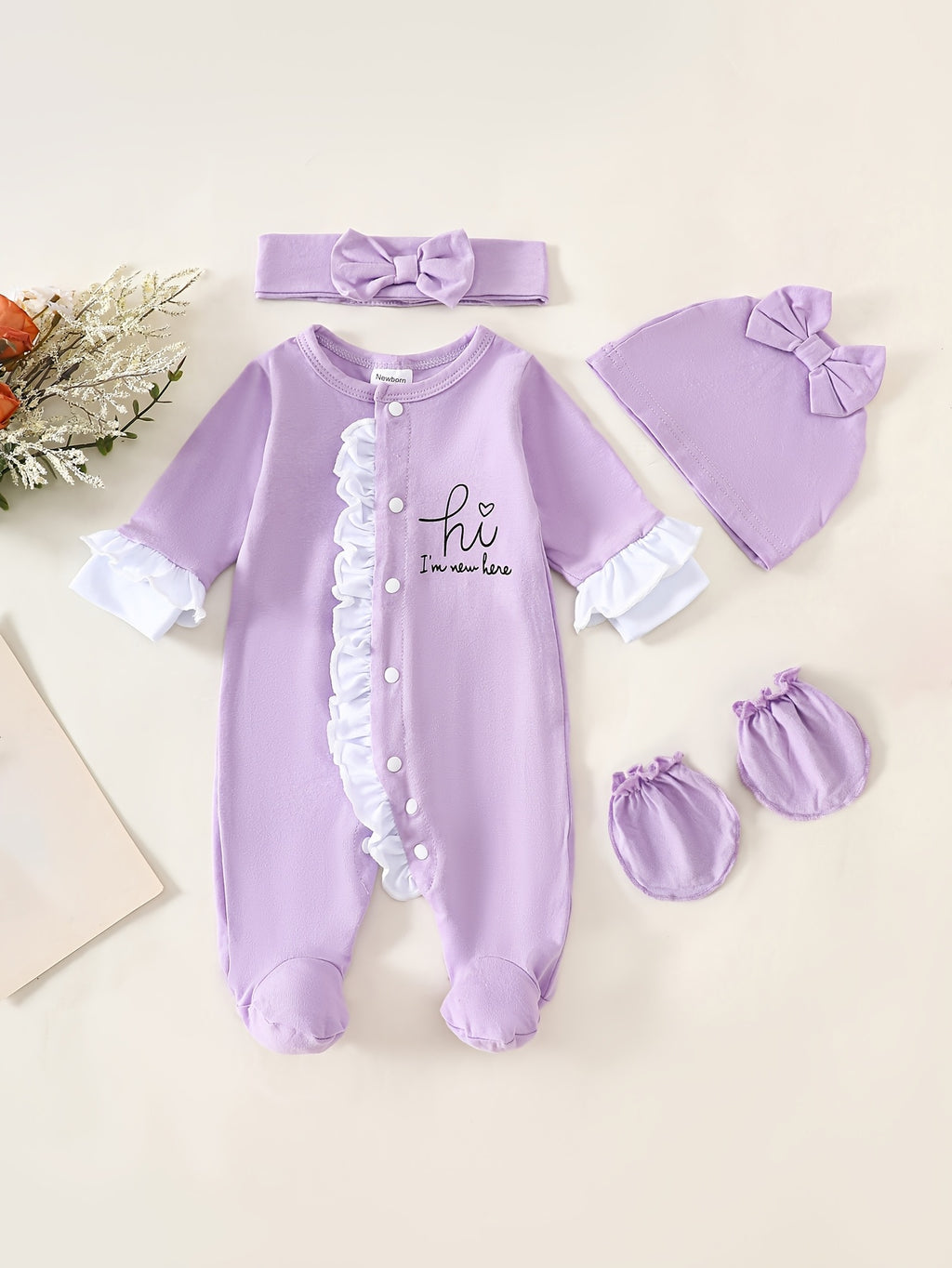 Baby Girl Spring/Autumn Letter Print Footed Bodysuit with Headscarf, Hat, and Gloves Set - Contrast Color Ruffled Lace Trim Casual Cute Outdoor Toddler Wear, Perfect for Outdoor