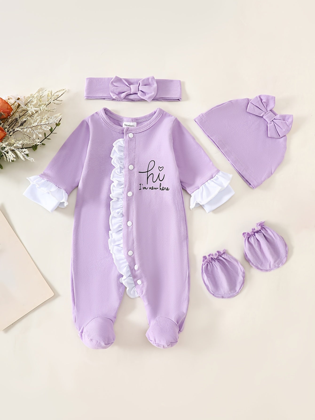 Baby Girl Spring/Autumn Letter Print Footed Bodysuit with Headscarf, Hat, and Gloves Set - Contrast Color Ruffled Lace Trim Casual Cute Outdoor Toddler Wear, Perfect for Outdoor
