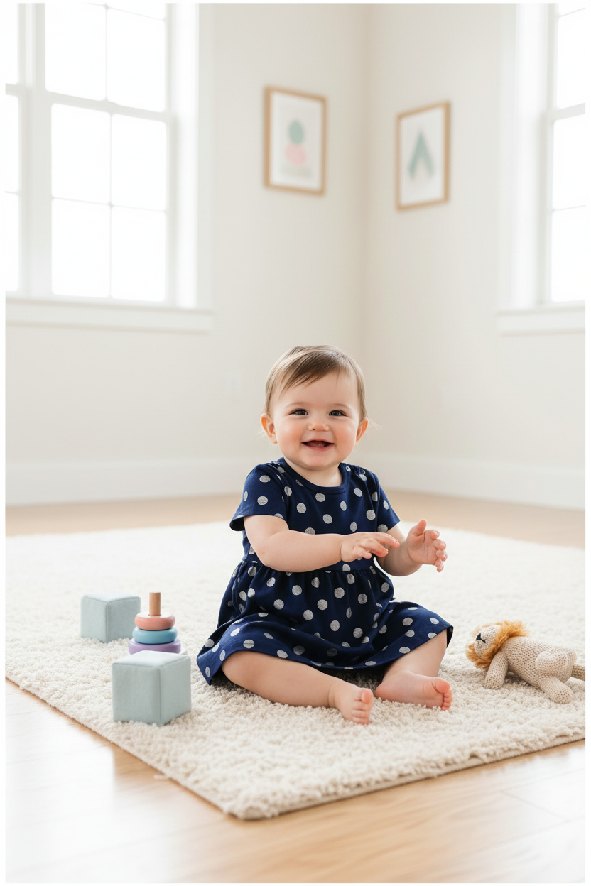 Fețiță în playroom cu rochița bleumarin cu buline