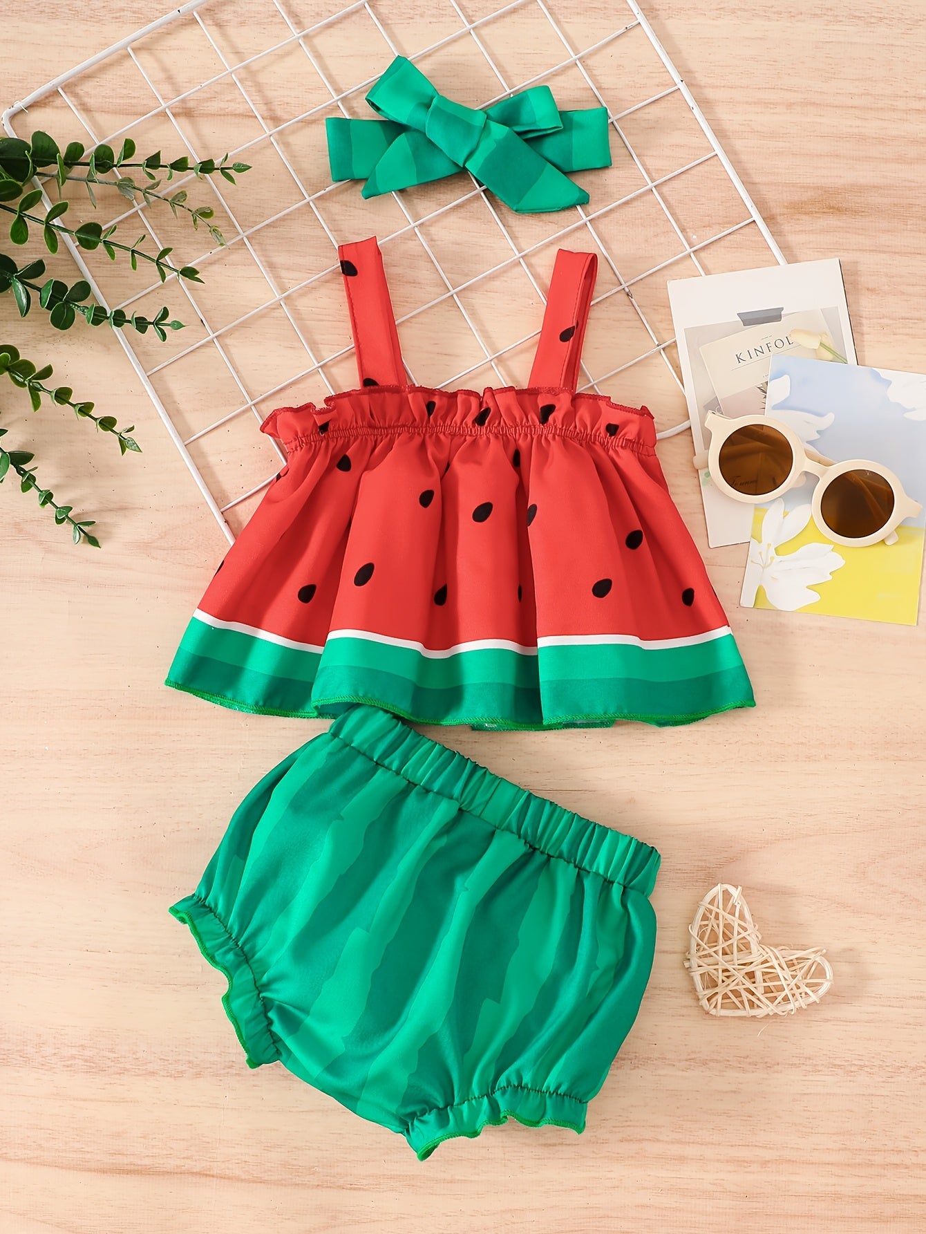 Baby Girls' Watermelon 3pcs Set, Suspender Dress Shorts Headband, Summer Cute Fruit Design Outfit, for Outdoor